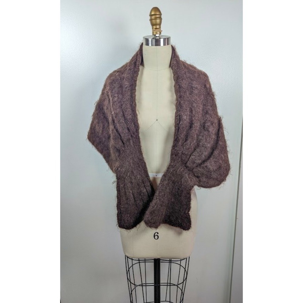 Vintage Handmade Knit Stole Lined Shawl Wrap Chocolate Brown Wool‎ Mohair Cape